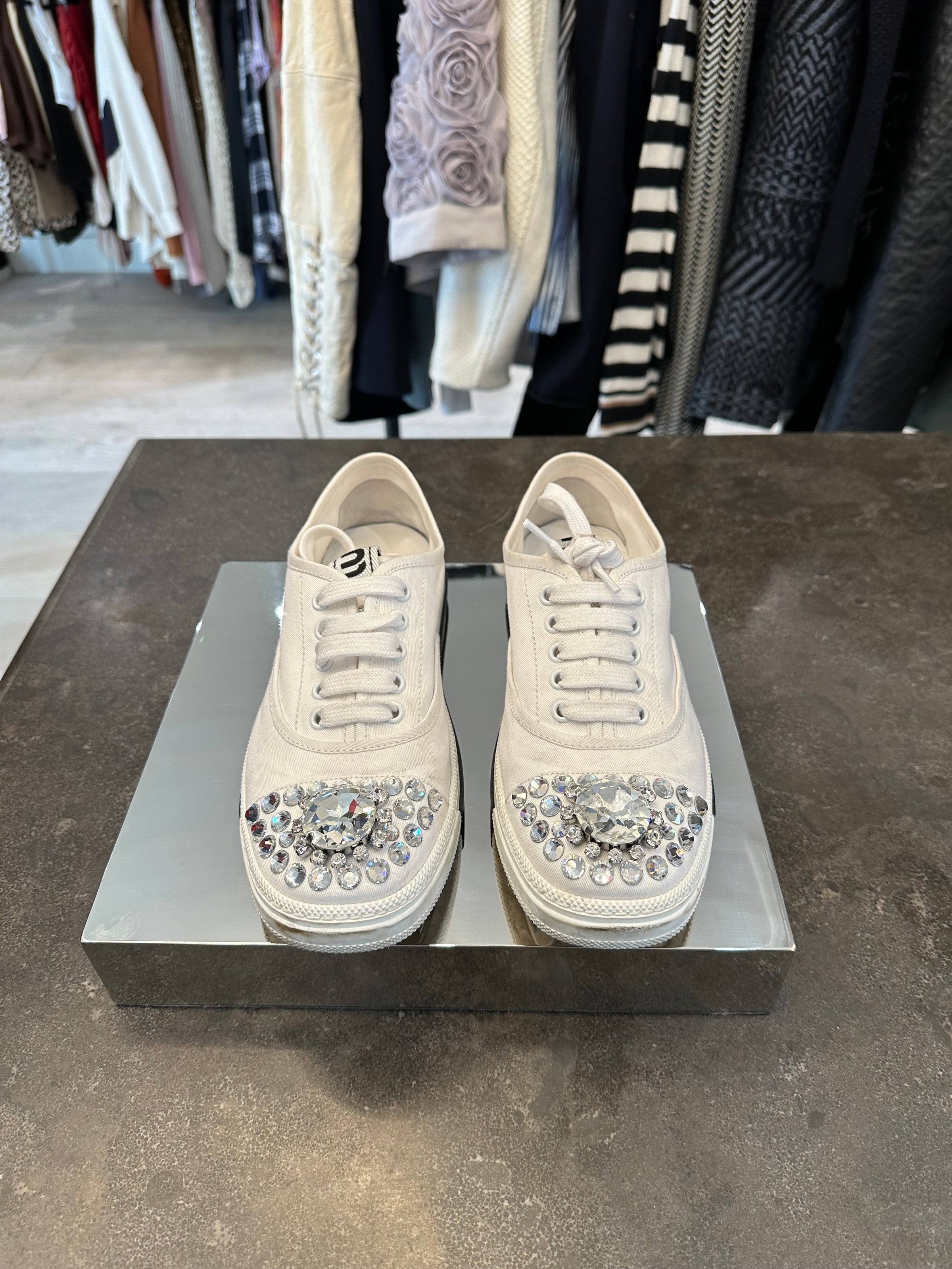 Miu Miu Canvas Embellished Crystal Shoes SIZE 38.5 | Lucy's Vault