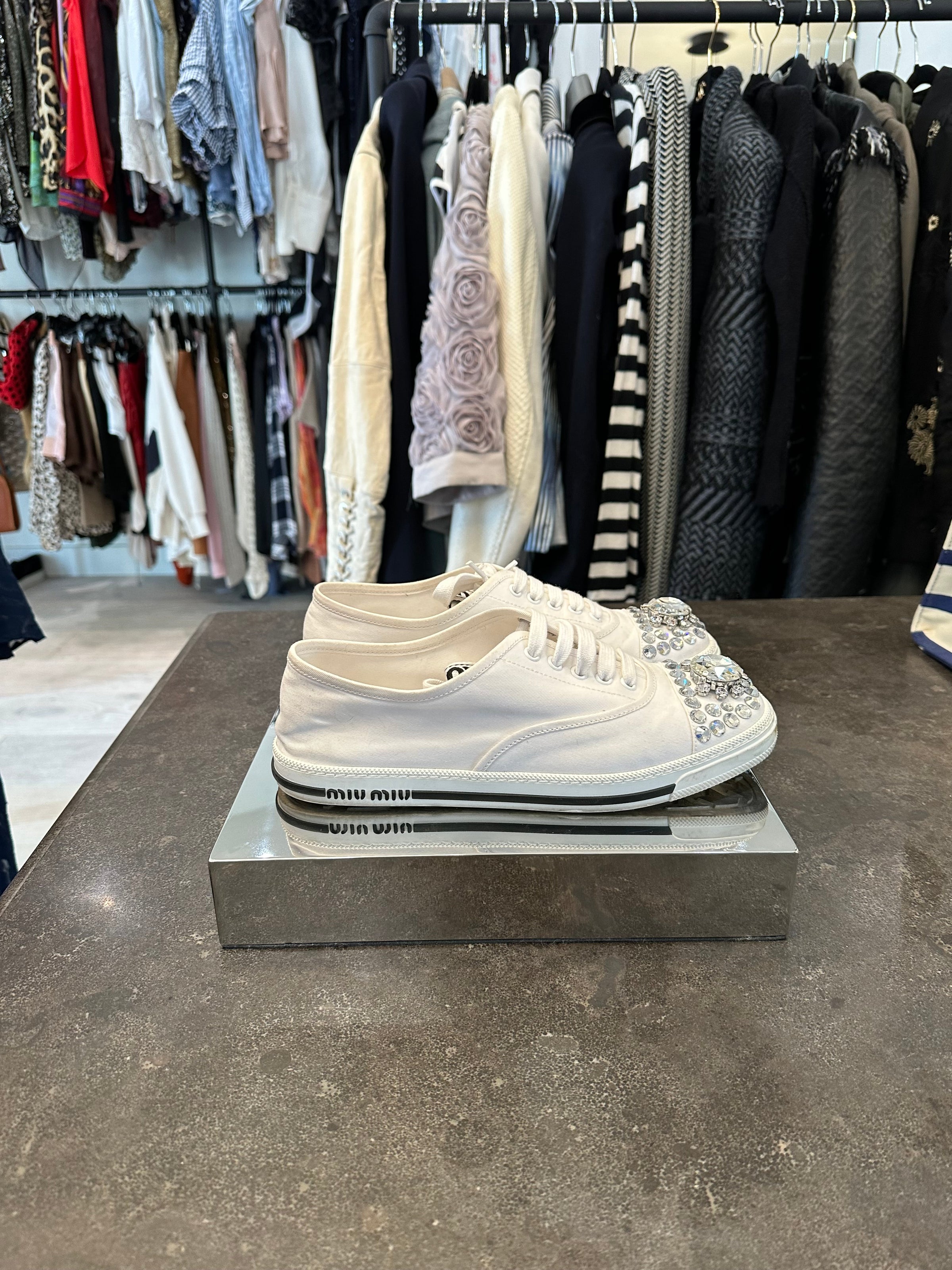 Miu Miu Canvas Embellished Crystal Shoes SIZE 38.5 | Lucy's Vault